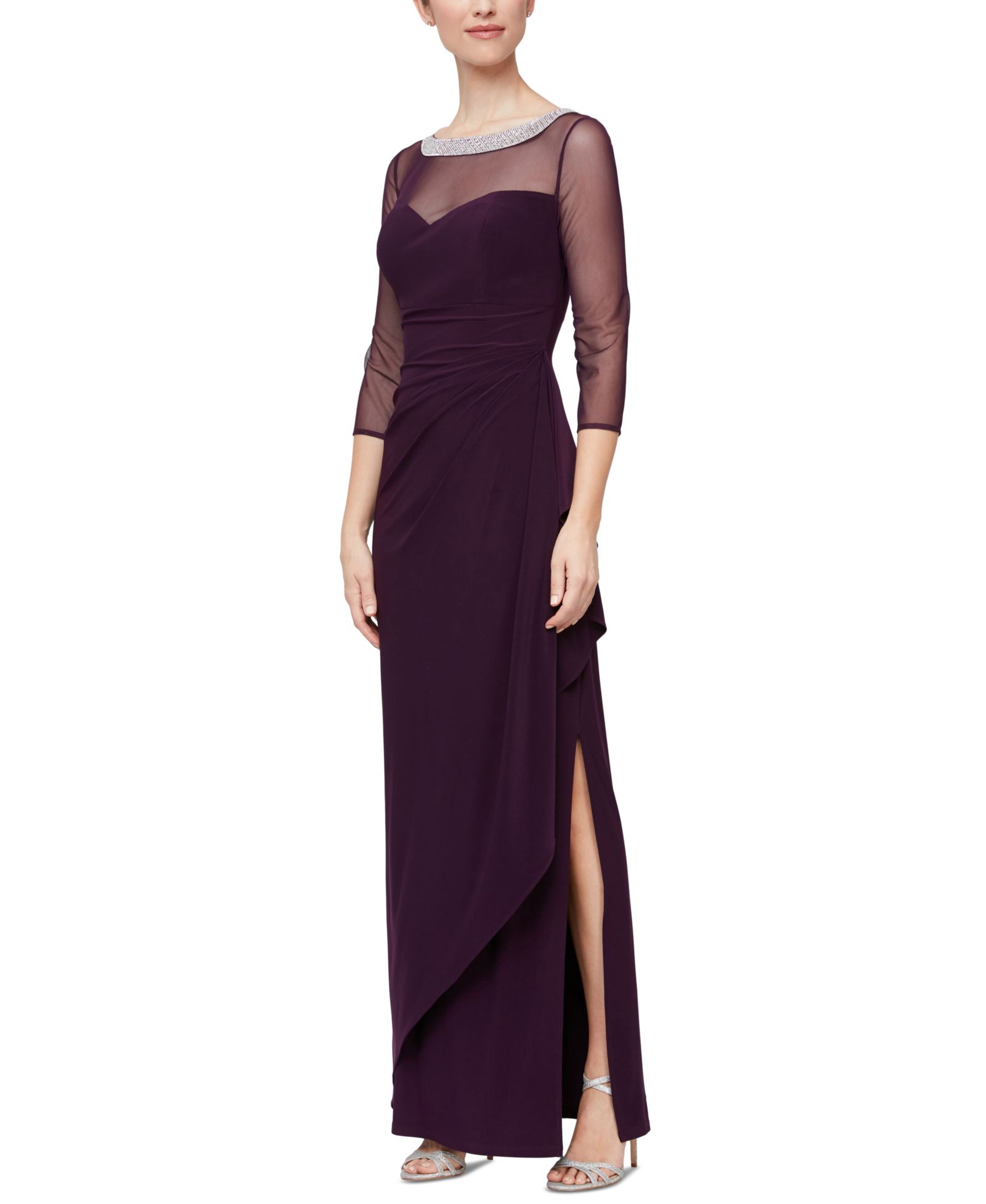 Alex Evenings Petite Embellished-Neck Side-Ruched Illusion Dress