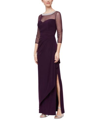 Alex Evenings Petite Embellished-Neck Side-Ruched Illusion Dress
