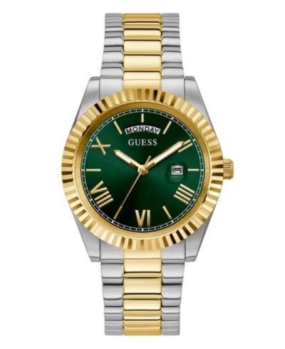 GUESS Men's Two Tone Stainless Steel Bracelet, Day, Date Watch, 42mm