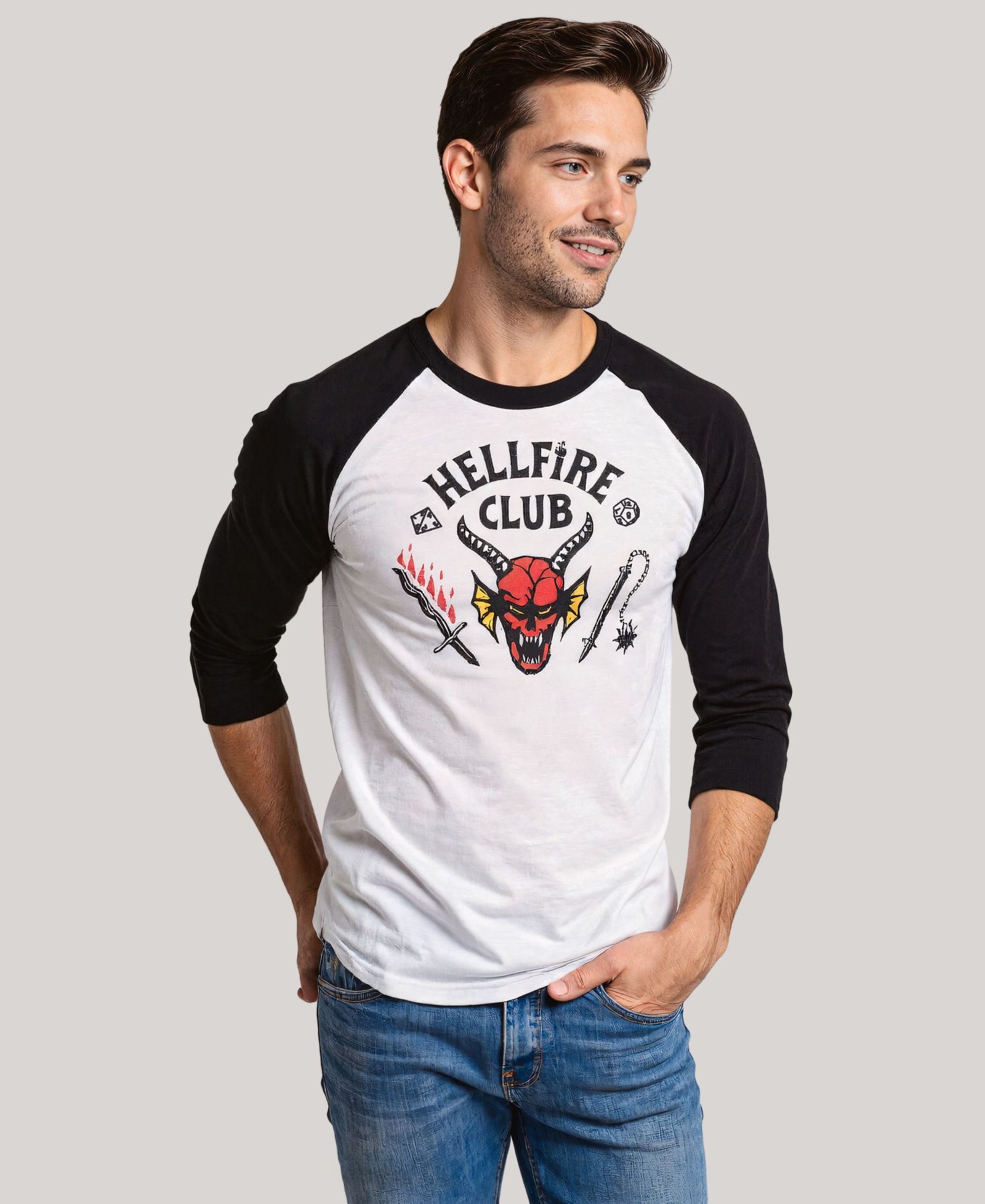 Fifth Sun Men's Stranger Things Men's Hellfire Club Raglan T-Shirt
