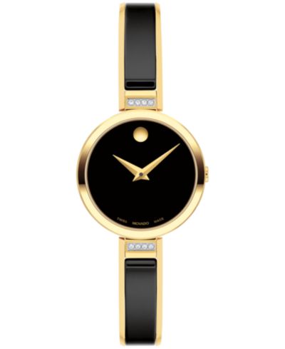 Movado Women's Moda Swiss Quartz Black Ceramic Yellow PVD Bangle Watch 24mm