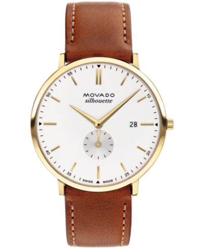 Мужские кварцевые часы Movado Heritage Silhouette Swiss Quartz Cognac Genuine Leather Strap 40mm