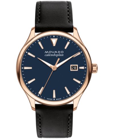 Мужские швейцарские кварцевые часы Movado Heritage Calendoplan с черным кожаным ремешком 40mm