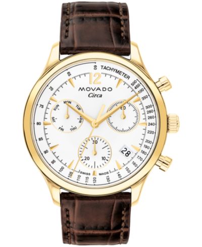 Movado Мужские часы Heritage Circa Swiss Quartz Chronograph, коричневый кожаный ремешок, 43mm