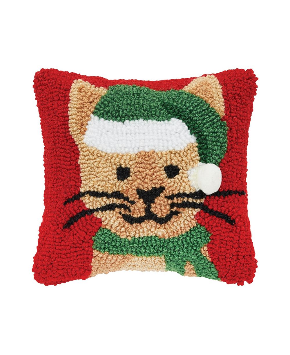 Christmas Cat in Santa Hat Petite Hooked Accent Pillow, 8" x 8"