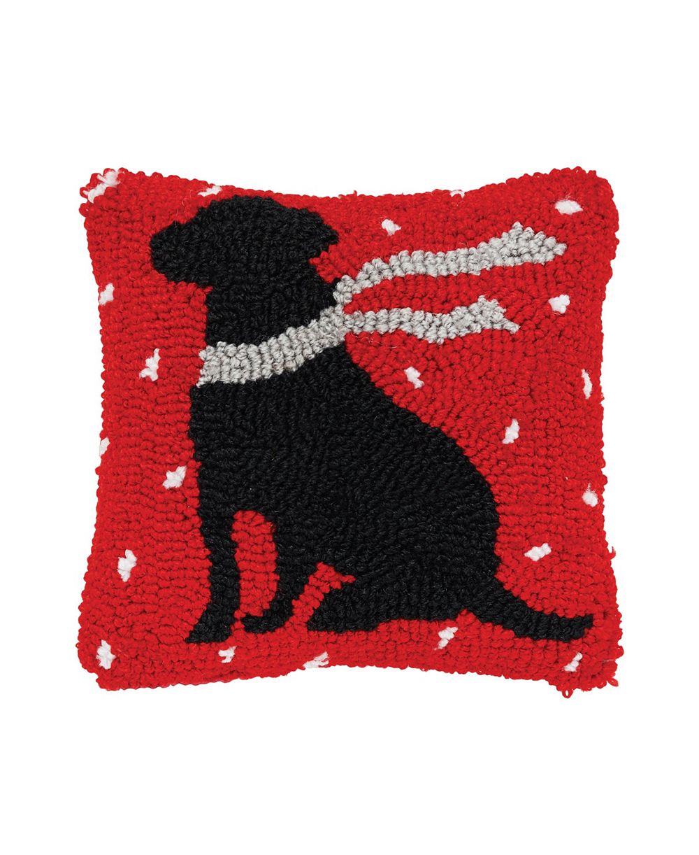 Winter Christmas Black Dog with Scarf Silhouette Mini Hooked Accent Pillow 8" x 8"