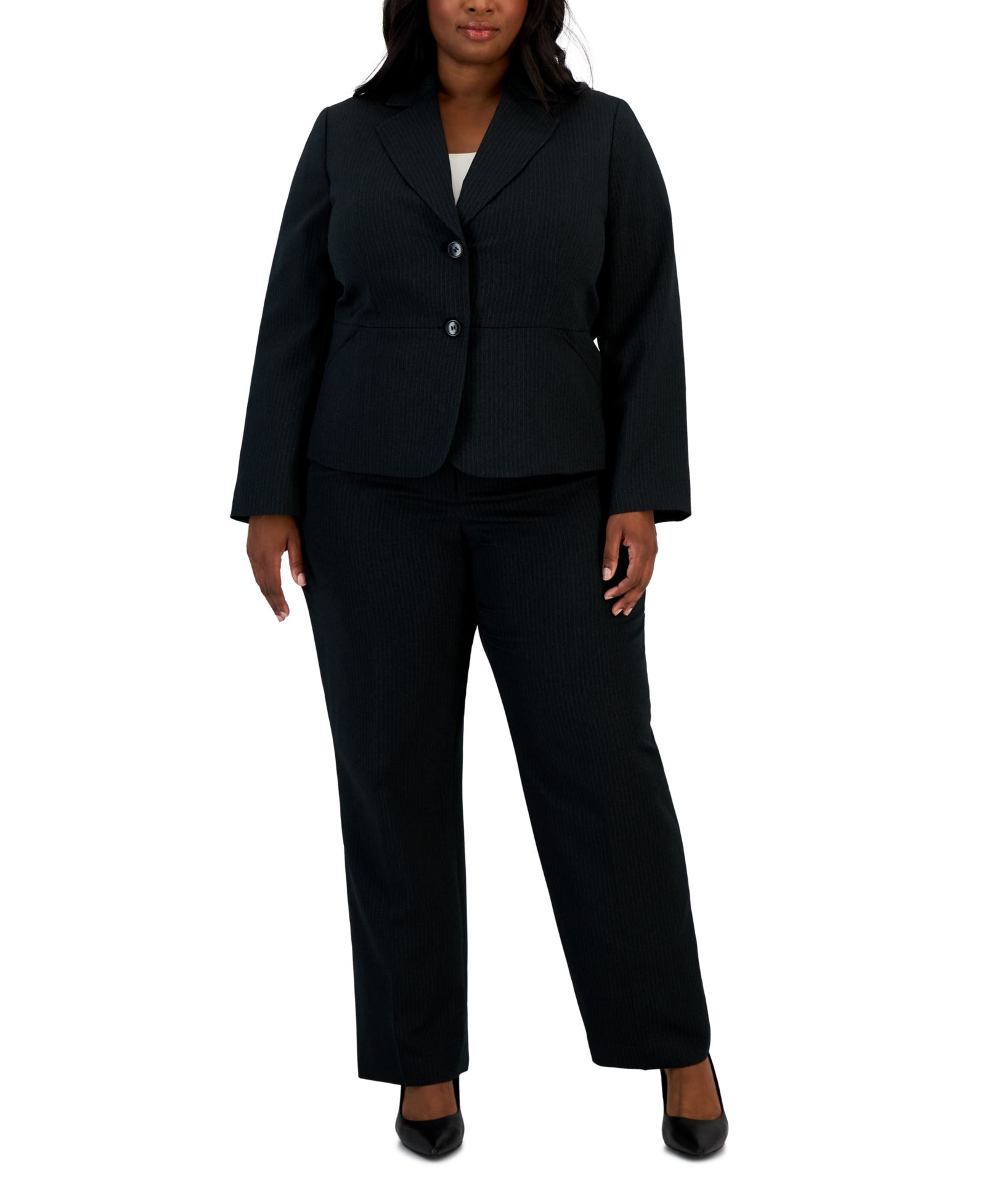 Le Suit Plus Size Two-Button Pinstriped 2 Piece Pantsuit