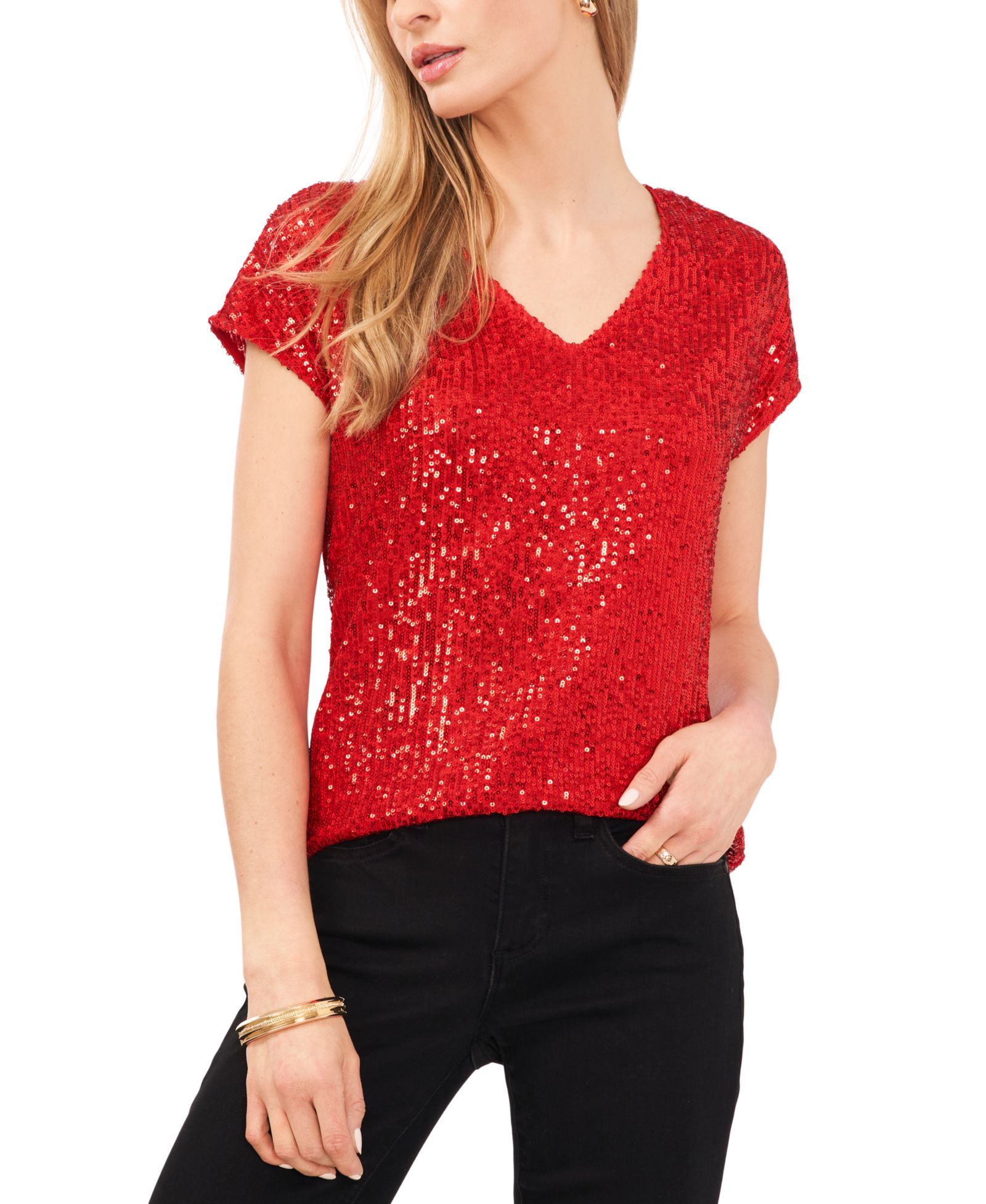 Vince Camuto Women's Sequined Dolman Sleeve V-Neck  Blouse