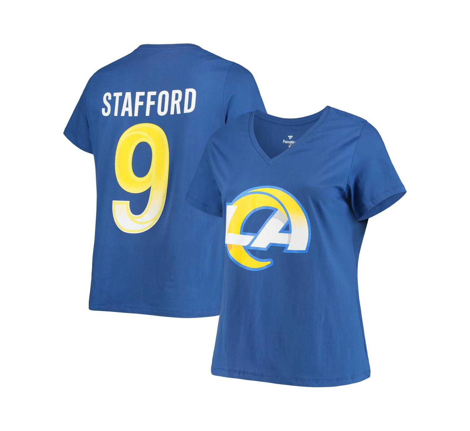 Женский Fanatics Matthew Stafford Royal Los Angeles Rams Plus Size Player Name and Number V-Neck T-shirt