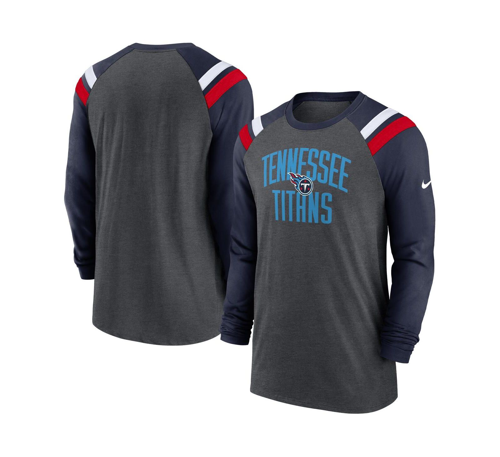 Men's Nike Heathered Charcoal, Navy Tennessee Titans Tri-Blend Raglan Athletic Long Sleeve Fashion T-shirt