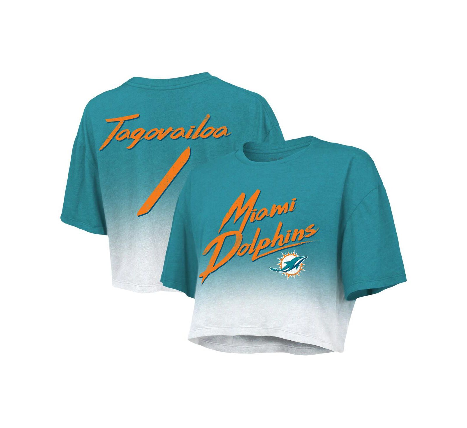Women's Majestic Threads Tua Tagovailoa Aqua, White Miami Dolphins Drip-Dye Player Name and Number Tri-Blend Crop T-shirt