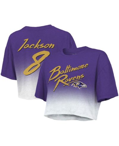 Женская укороченная футболка Majestic Threads Lamar Jackson Purple, White Baltimore Ravens Drip-Dye Player Name and Number Tri-Blend