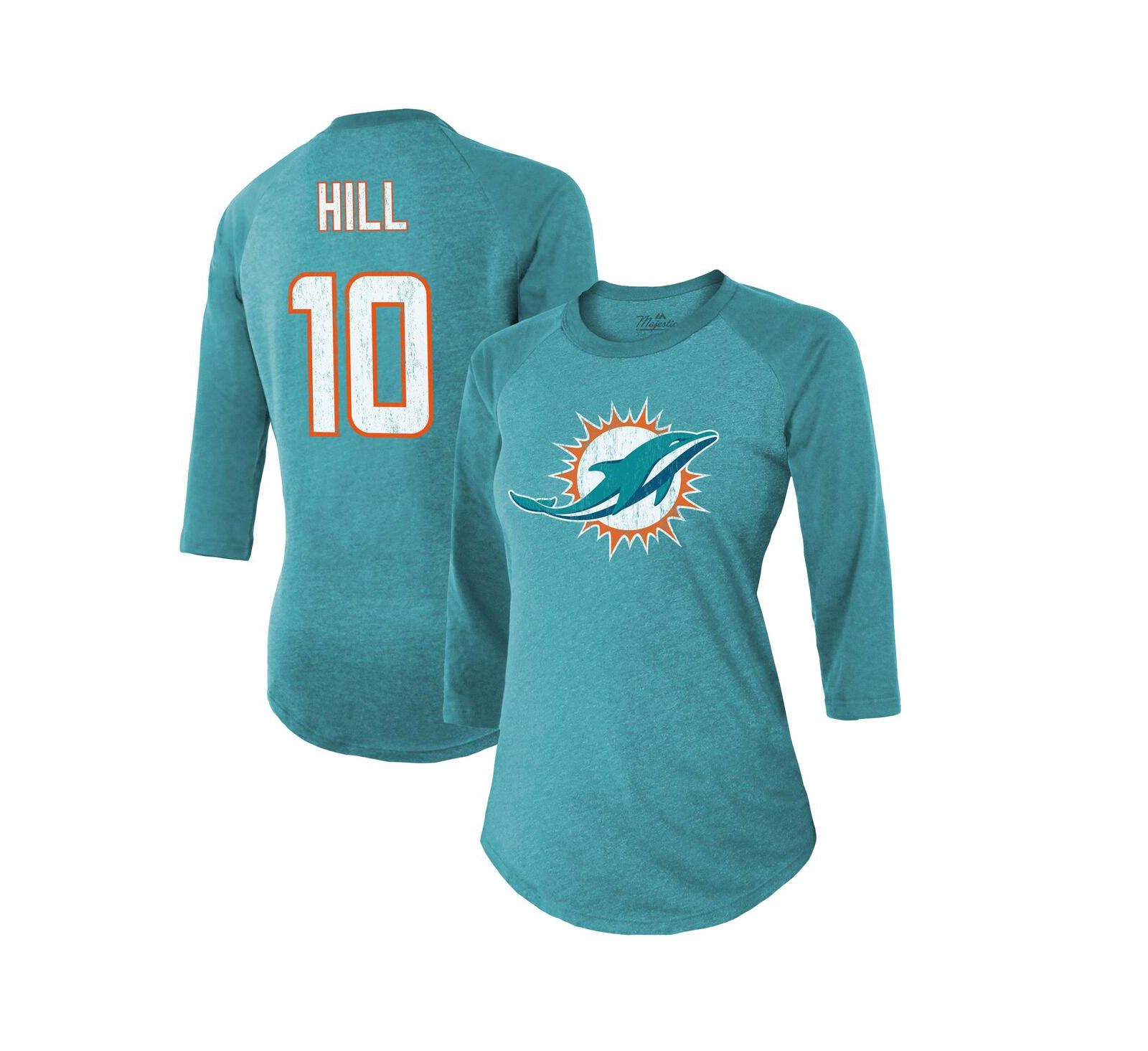 Women's Majestic Threads Tyreek Hill Aqua Miami Dolphins Name & Number Raglan 3/4 Sleeve T-shirt