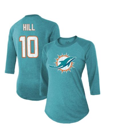 Женская футболка Majestic Threads Tyreek Hill Miami Dolphins с именем и номером, раглан, 3/4 рукава, аква