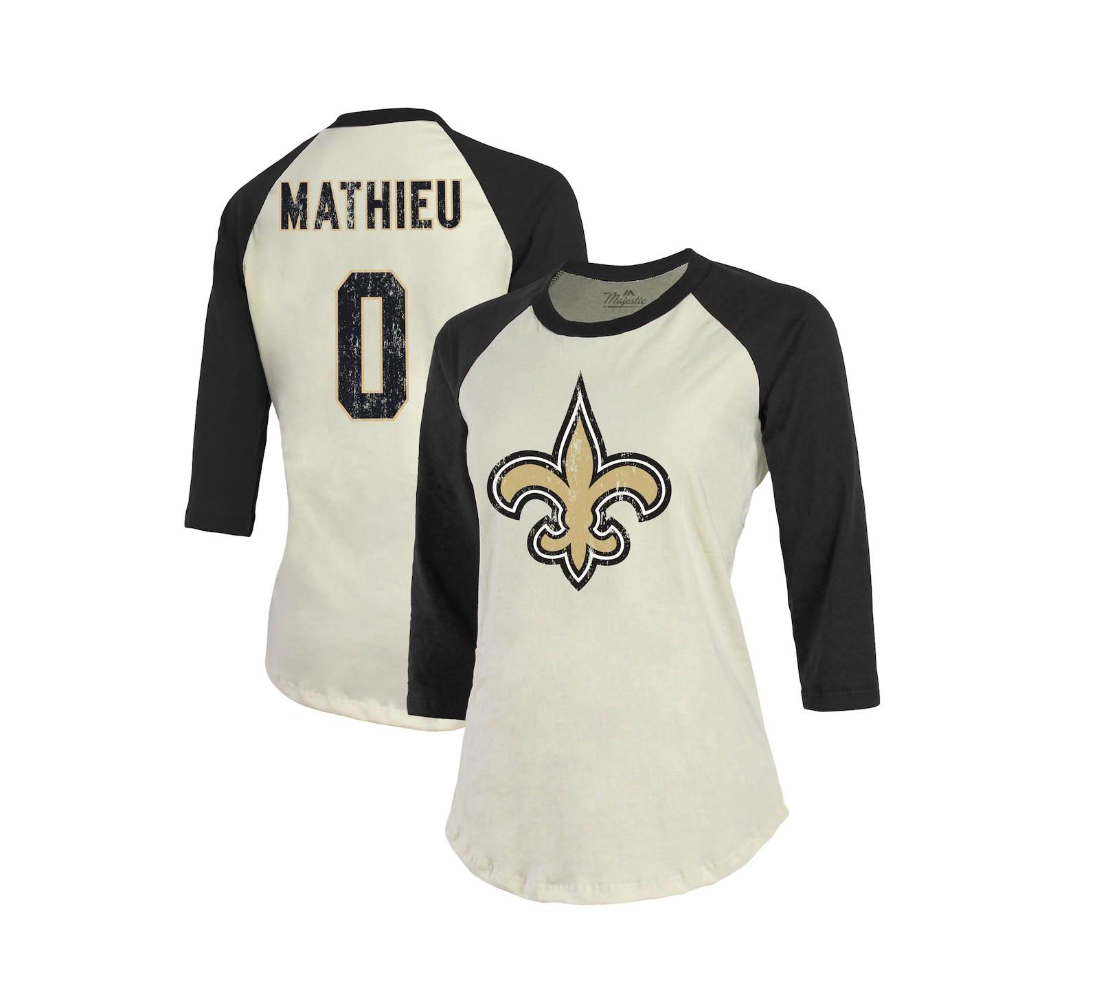 Women's Majestic Threads Tyrann Mathieu Cream, Black New Orleans Saints Name & Number Raglan 3/4 Sleeve T-shirt