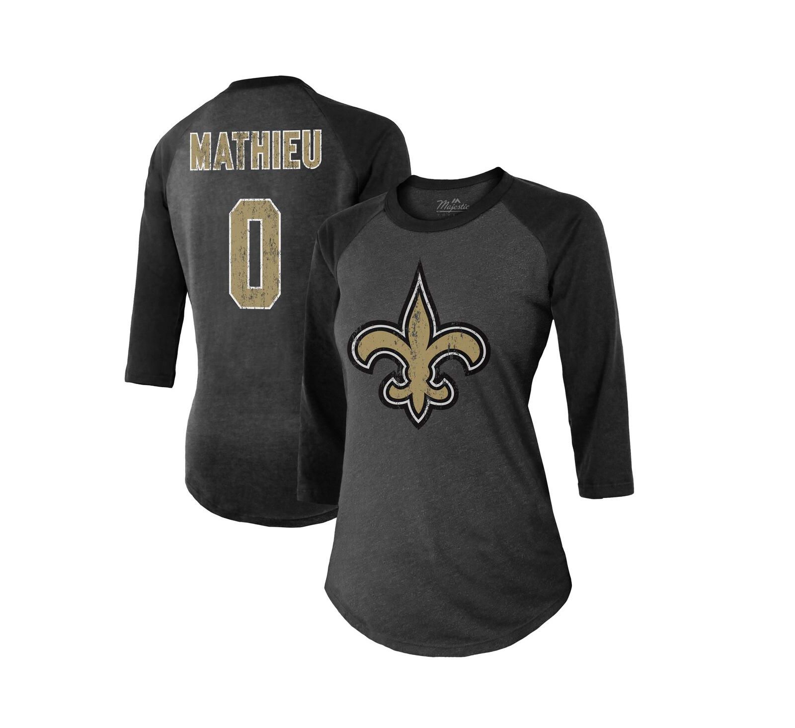 Women's Majestic Threads Tyrann Mathieu Black New Orleans Saints Name & Number Raglan 3/4 Sleeve T-shirt