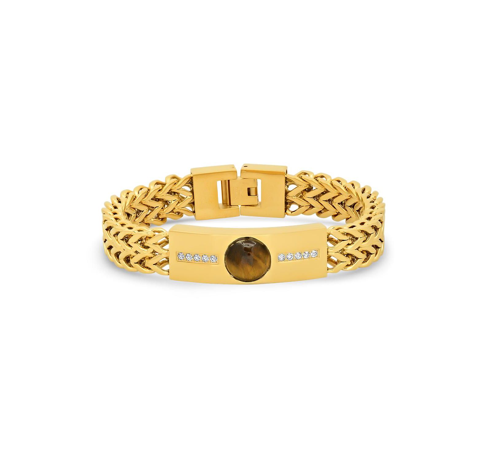 STEELTIME Tiger Eye and Simulated Diamonds Double Wheat Link Bracelet
