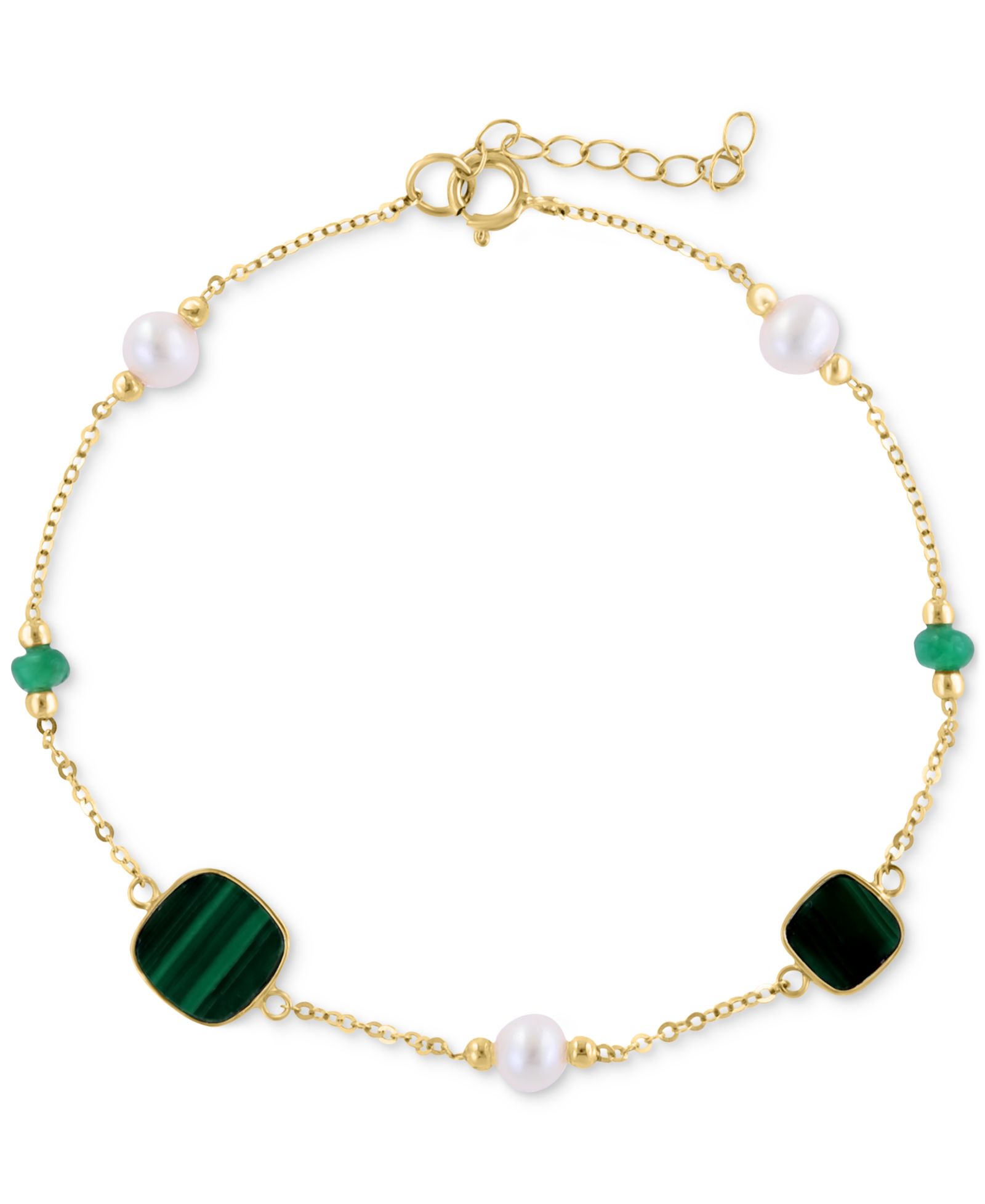 Браслет EFFY® Freshwater Pearl (4-1/2mm), Malachite, & Emerald (1/4 ct. t.w.) Link из золота 14k