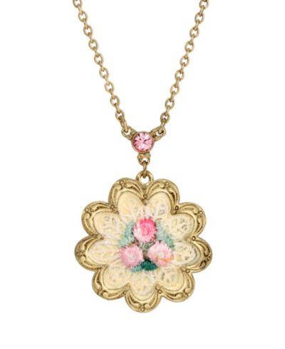 Золотистое ожерелье 2028 Gold-Tone White Pink Rose Knit Flower