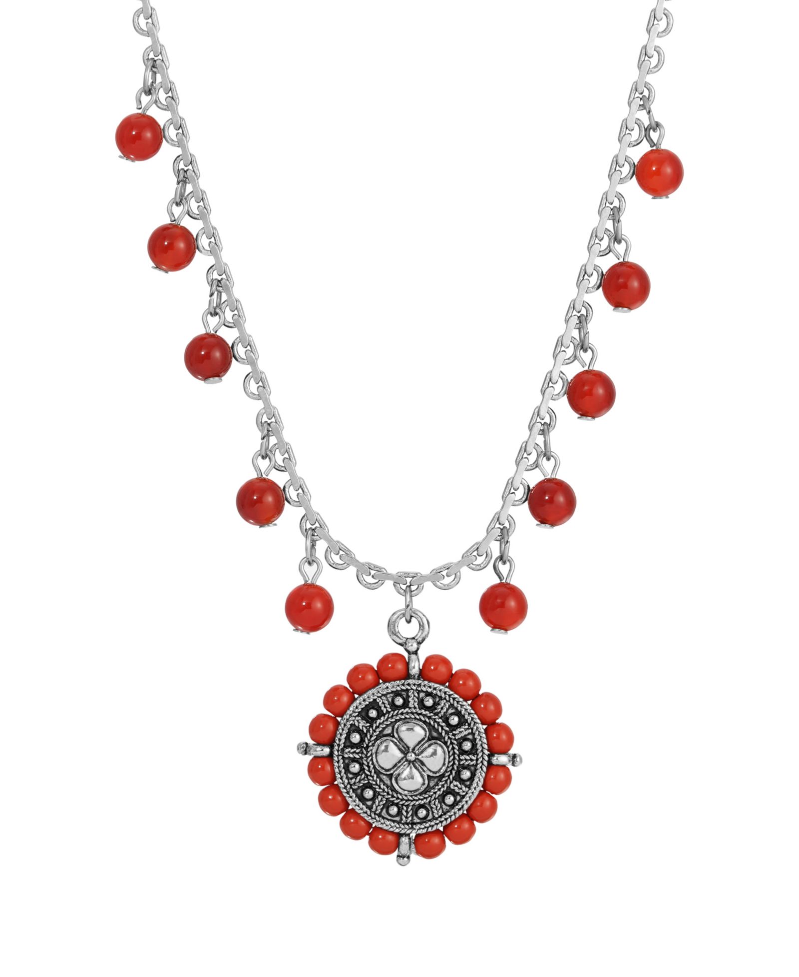 Ожерелье 2028 Silver-Tone Round Floral Disc Red Bead