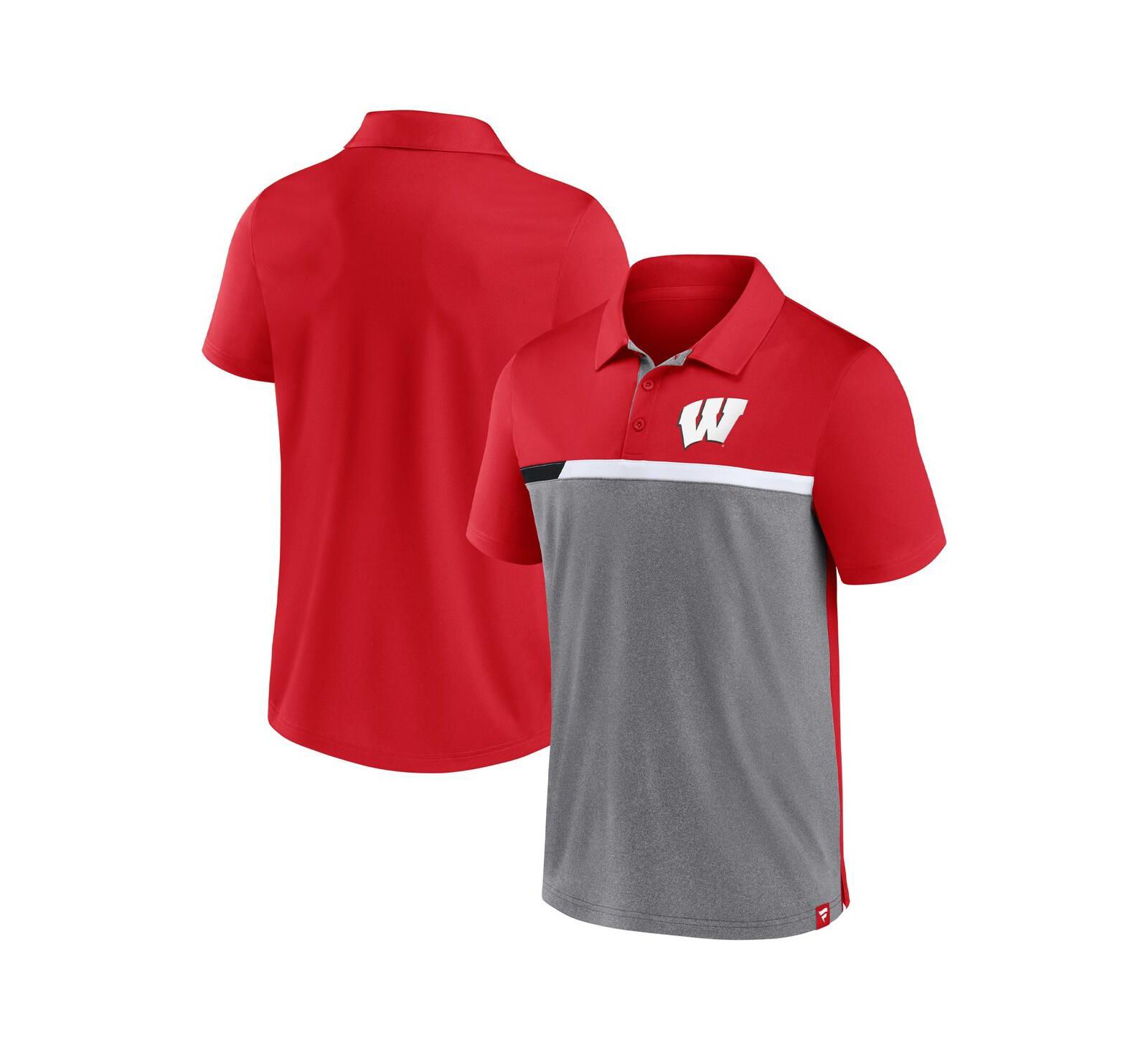 Men's Fanatics Red and Heathered Gray Wisconsin Badgers Split Block Color Block Polo Shirt