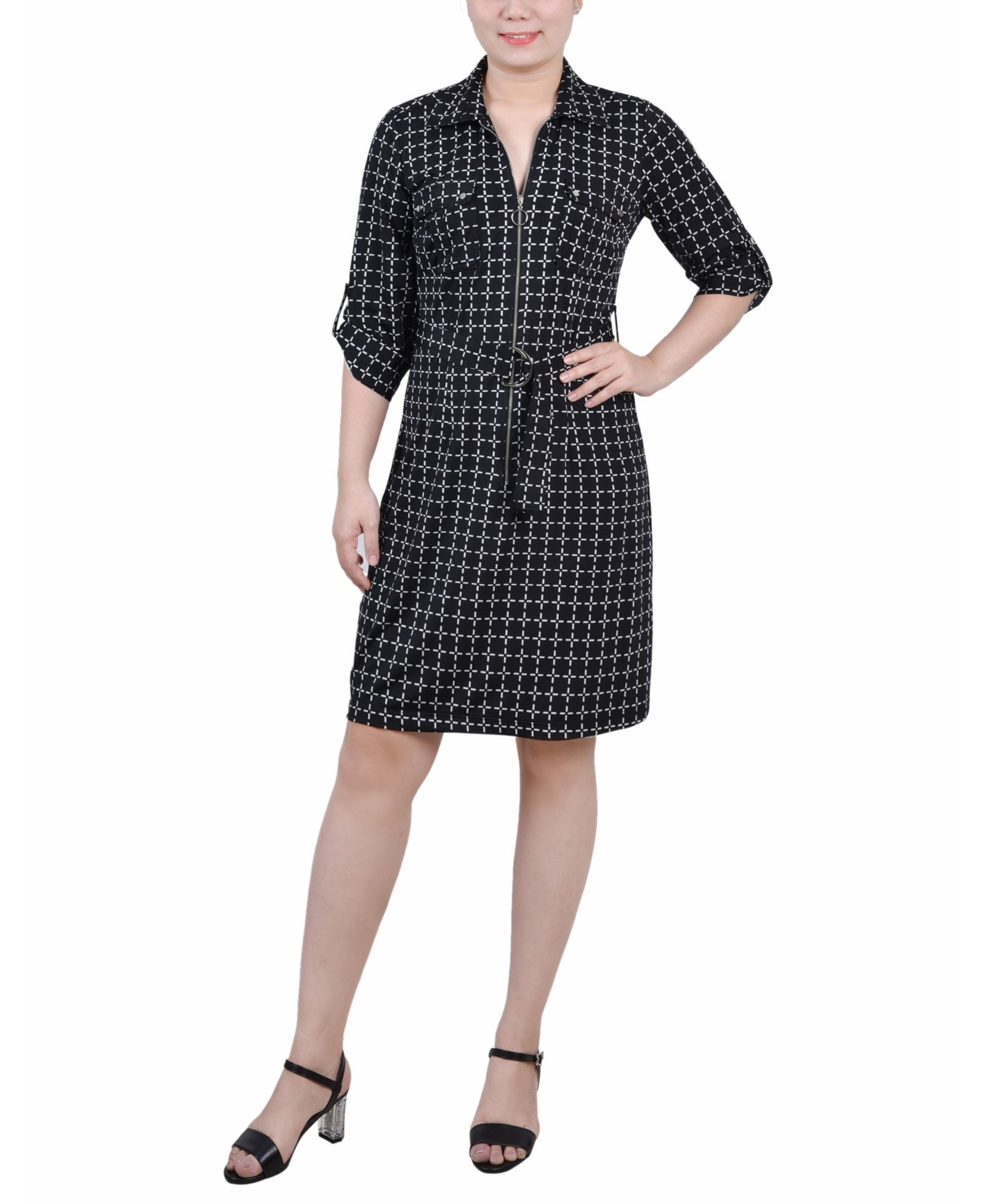 NY Collection Petite Belted Roll Tab Zip Front Shirtdress
