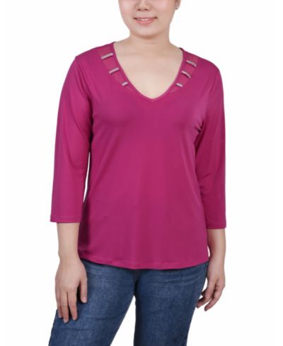 NY Collection топ Petite с рукавом 3/4 и декором из камней