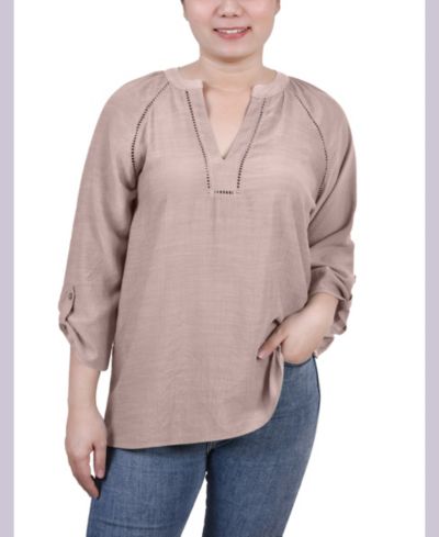 NY Collection Petite Raglan Sleeve Split Neck Blouse