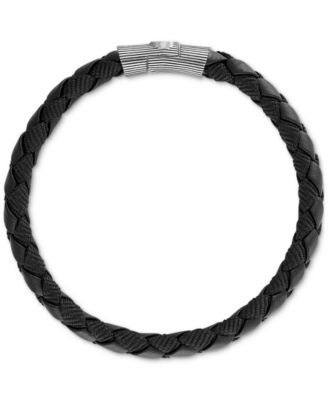 Esquire Men's Jewelry Black Leather Woven Bracelet in Sterling Silver (Also in Brown Leather & Blue Leather), Created for Macy's