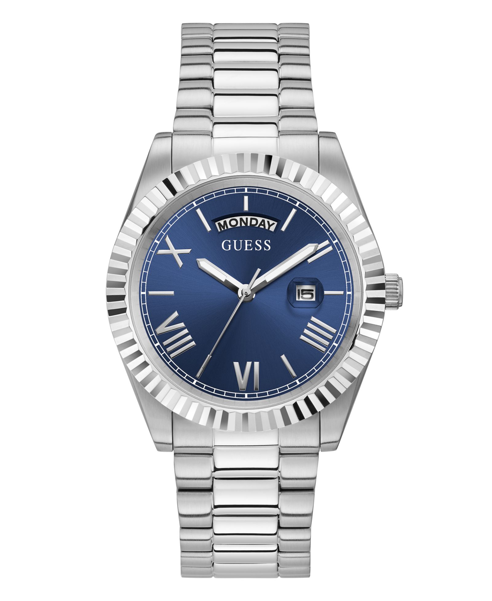 Часы GUESS Men's Silver-Tone Stainless Steel Bracelet, Day, Date Watch, 42mm