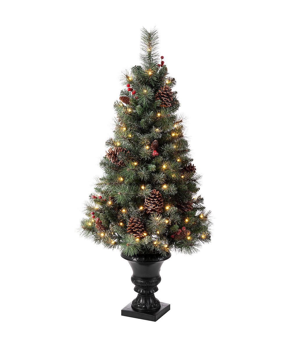 Glitzhome Flocked Christmas Tree with 100 Warm White Light, Pinecone and Berries Set of 2