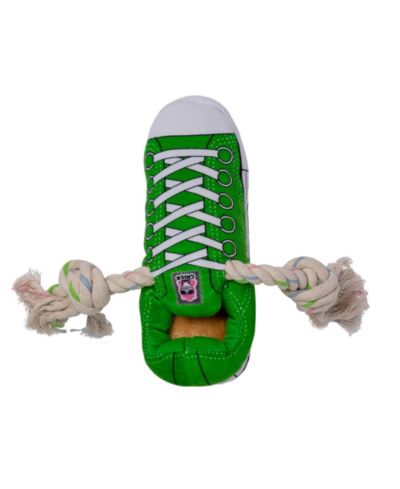 Squeaking Comfort Plush Sneaker Dog Toy - Rope, Squeaker & Treat Compartment, Safe & Durable - Green