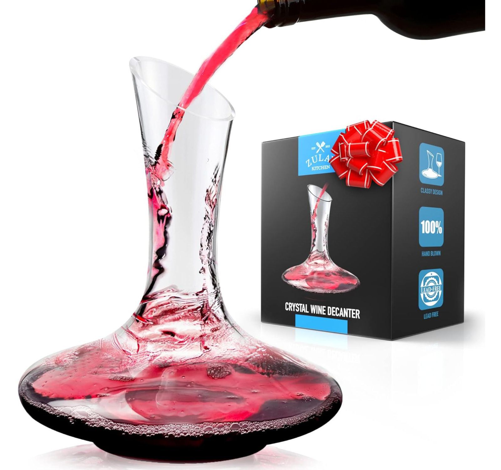 Zulay Kitchen Crystal Red Wine Decanter - 100% Hand Blown Lead-Free Glass Wine Aerator (1800ml)