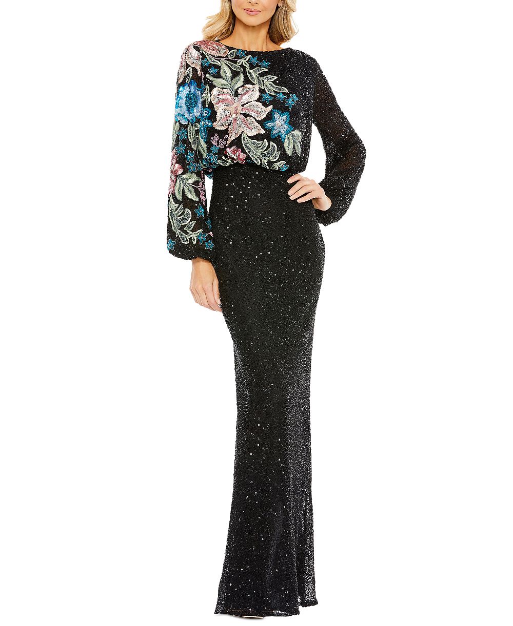 Mac Duggal Women's High Neck Blouson Sleeve Sequin Gown