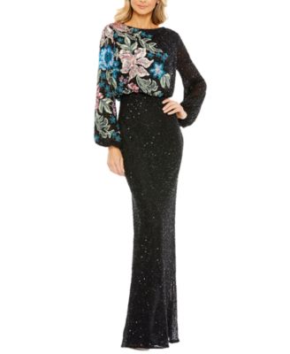 Mac Duggal Women's High Neck Blouson Sleeve Sequin Gown