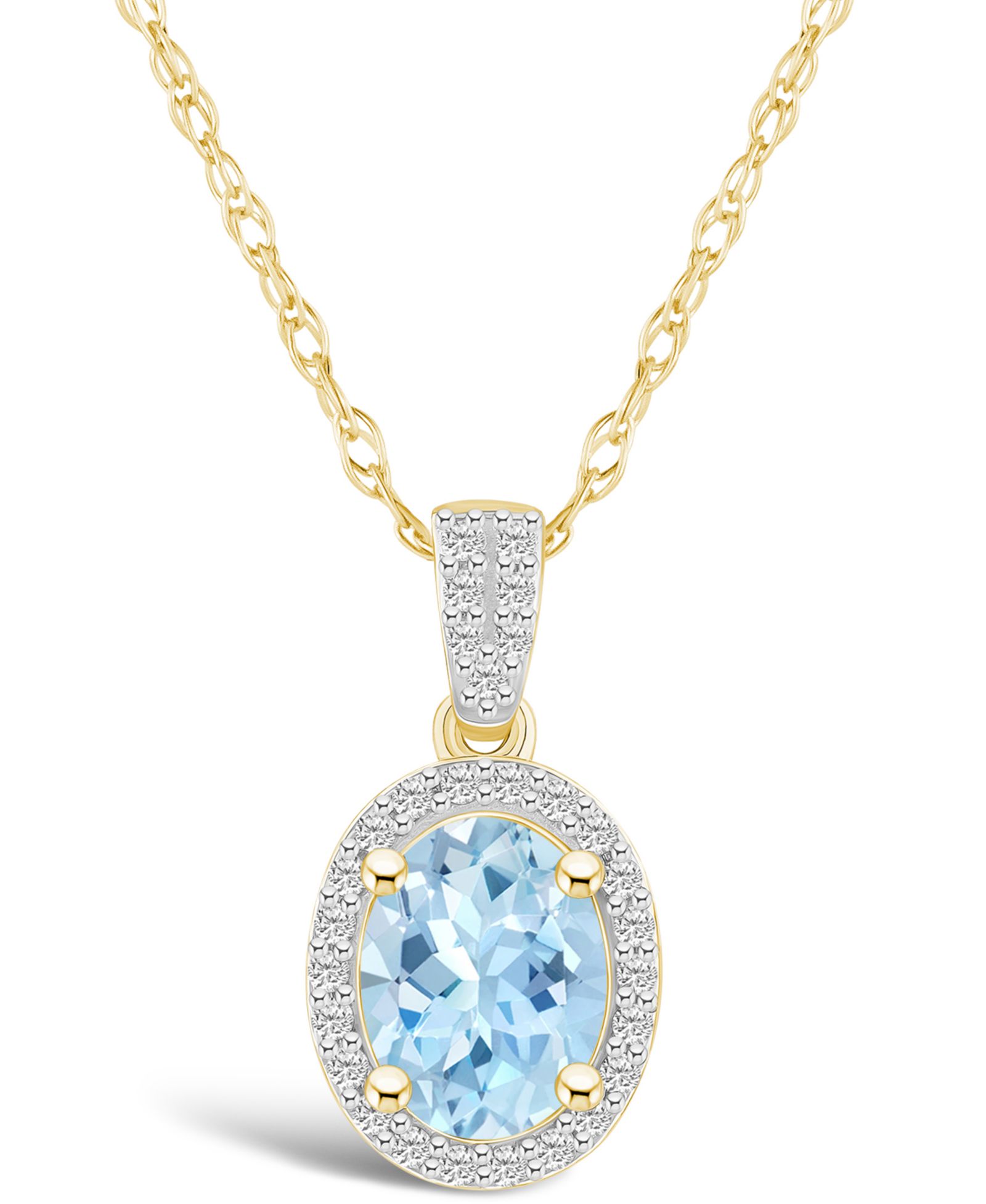 Macy's ожерелье-подвеска Lab Grown Spinel Aquamarine (1-1/4 ct. t.w.) and Lab Grown White Sapphire (1/6 ct. t.w.) Halo в 10K Yellow Gold