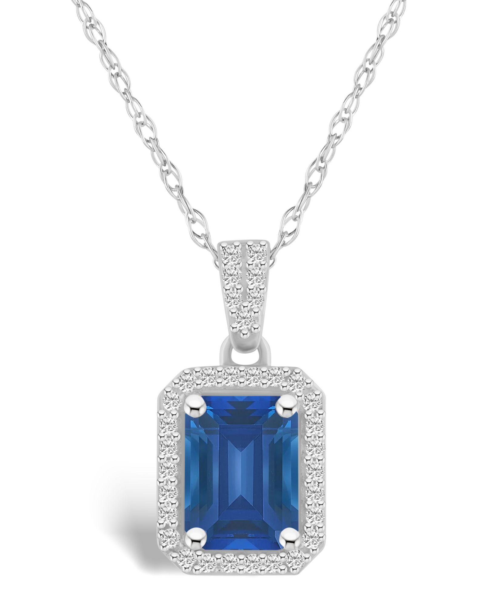 Macy's Lab Grown Sapphire (2 ct. t.w.) and Lab Grown Sapphire (1/5 ct. t.w.) Halo Pendant Necklace in 10K White Gold