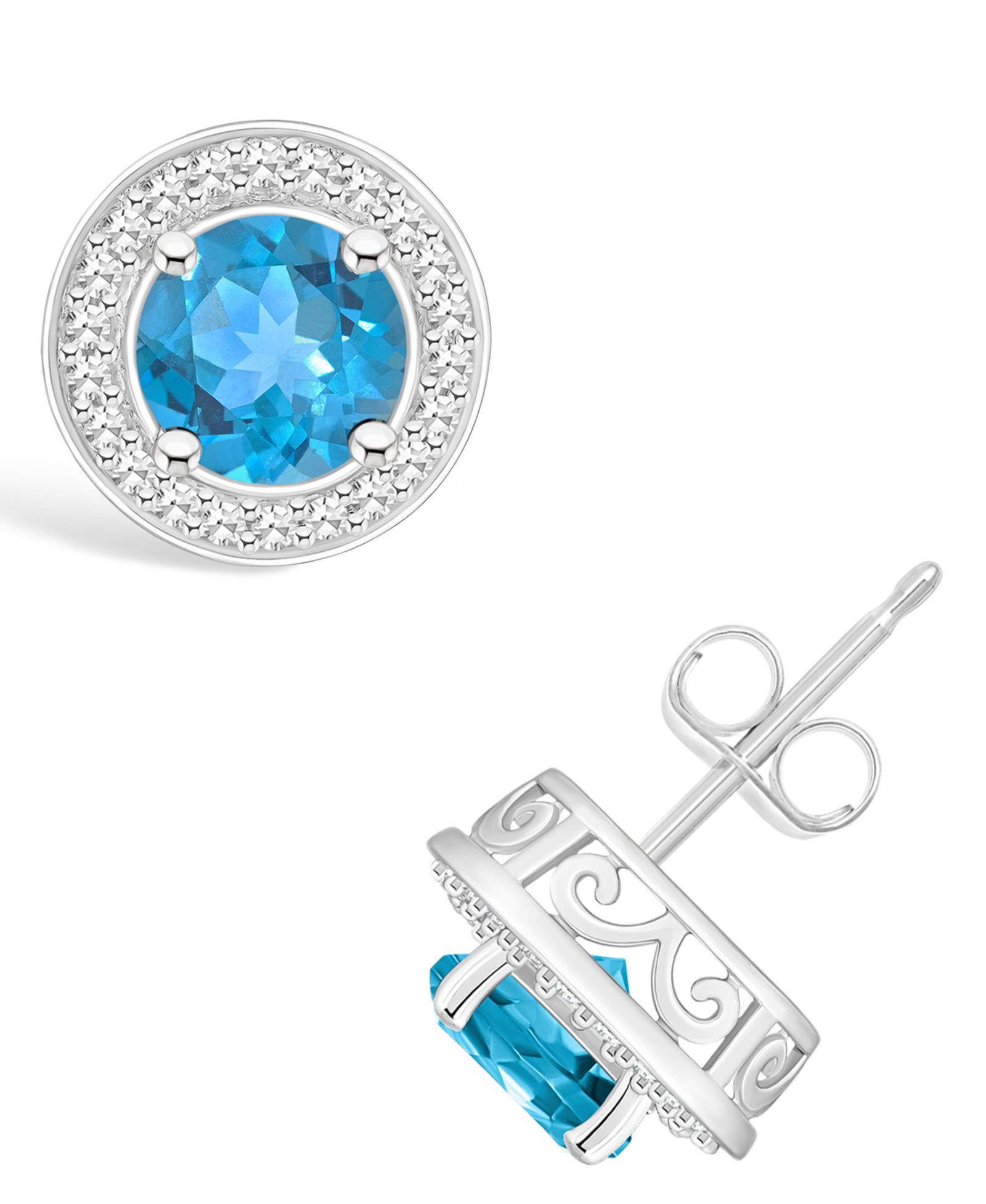 Серьги-гвоздики Macy's Blue Topaz (2-1/3 ct. t.w.) and Diamond (1/5 ct. t.w.) Halo в стерлинговом серебре