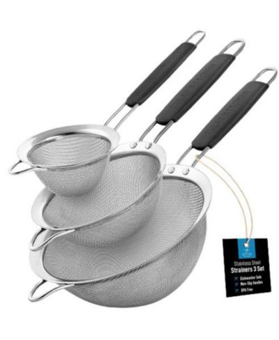 Zulay Kitchen Set of 3 Premium Stainless Steel Fine Mesh Strainer with Non-Slip Handles