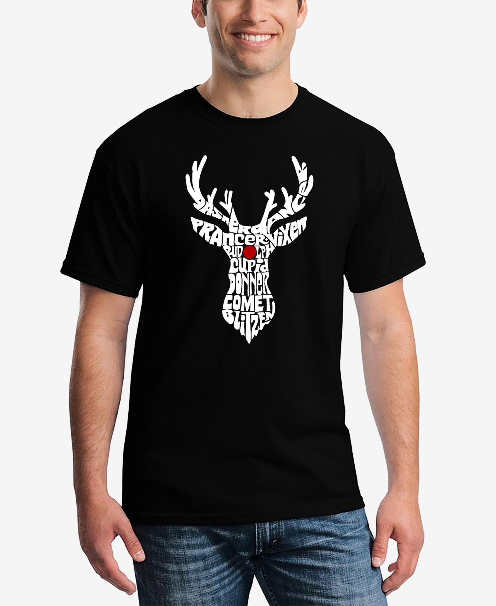 LA Pop Art Men's Santa's Reindeer Word Art Short Sleeve T-shirt