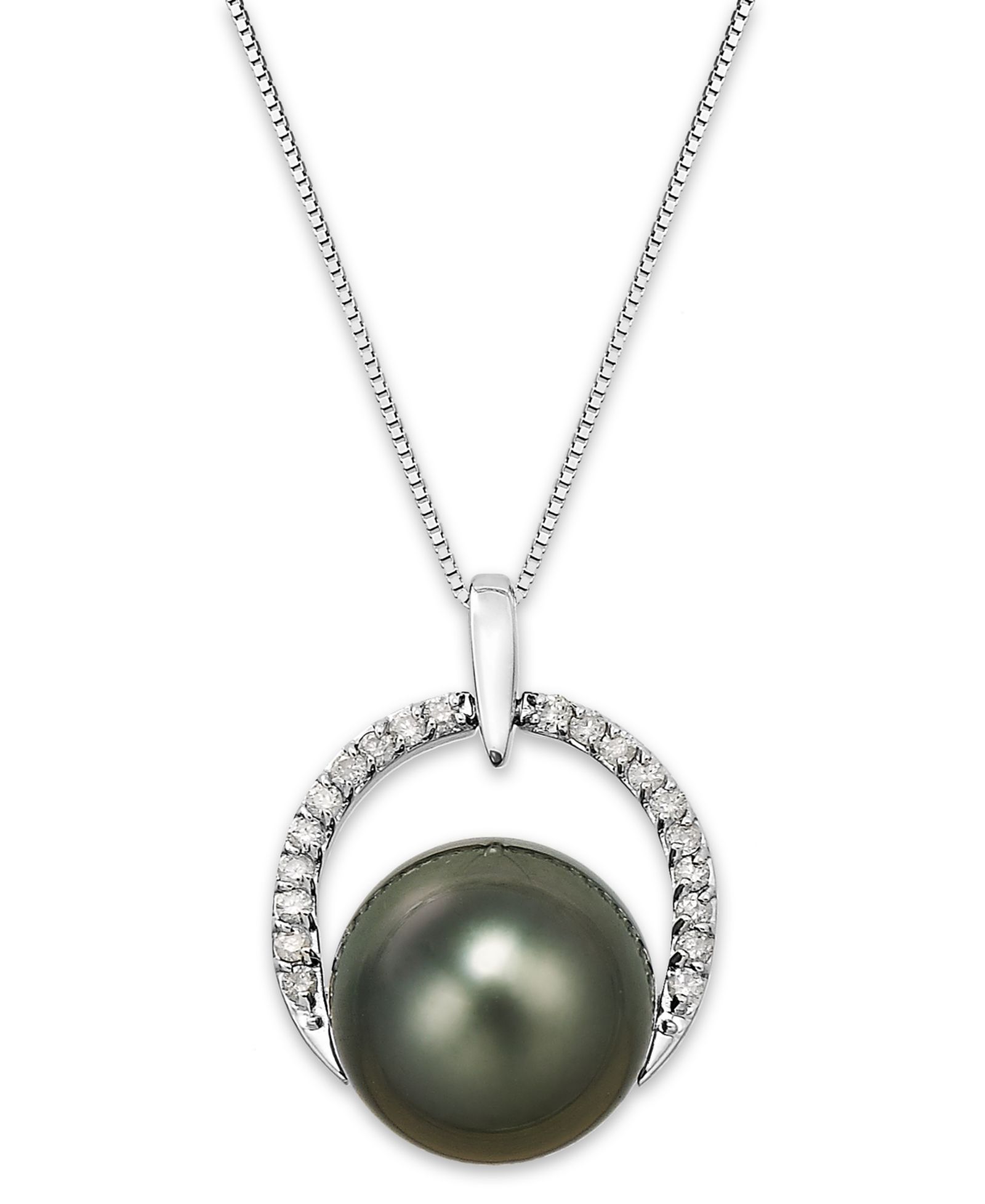 Подвеска-ожерелье Macy's Tahitian Pearl (12 mm) and Diamond (1/5 ct. t.w.) Arch in 14k White Gold