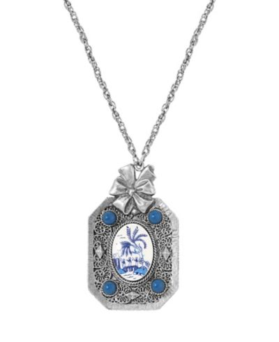 Овальный синий зеркальный кулон 2028 Oval Blue Willow