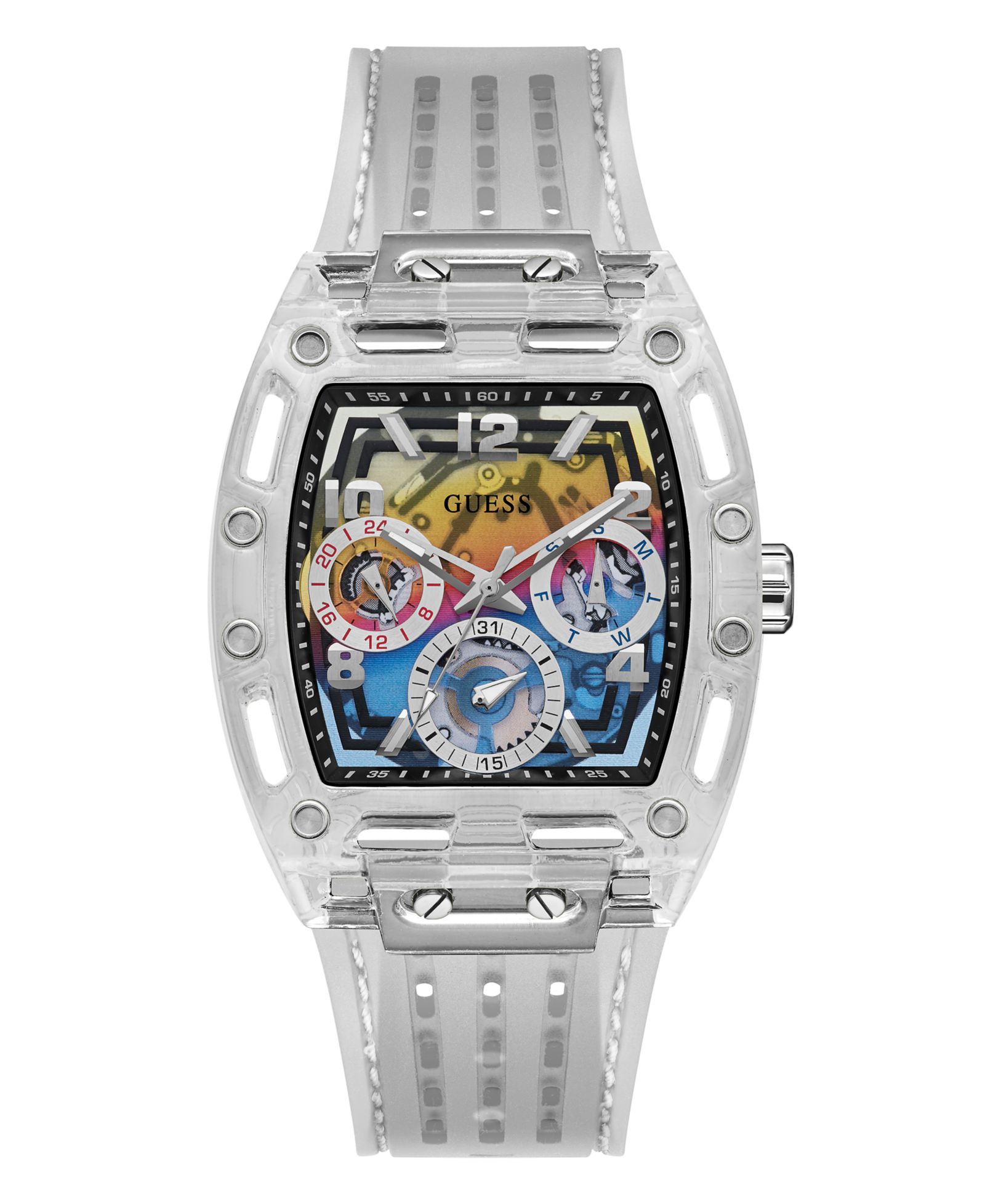GUESS Men's Clear Silicone Multi-Function Watch 44mm