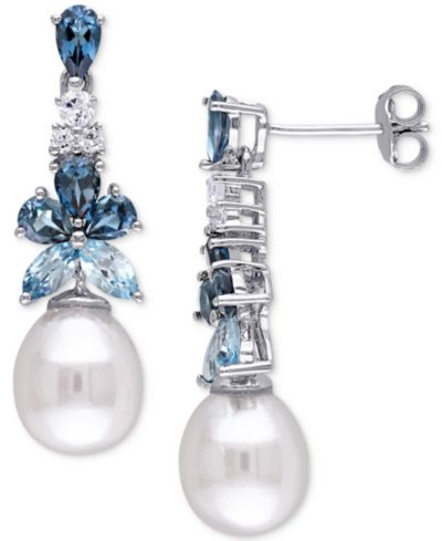 Серьги-подвески Macy's Cultured Freshwater Pearl & Multi-Topaz в стерлинговом серебре