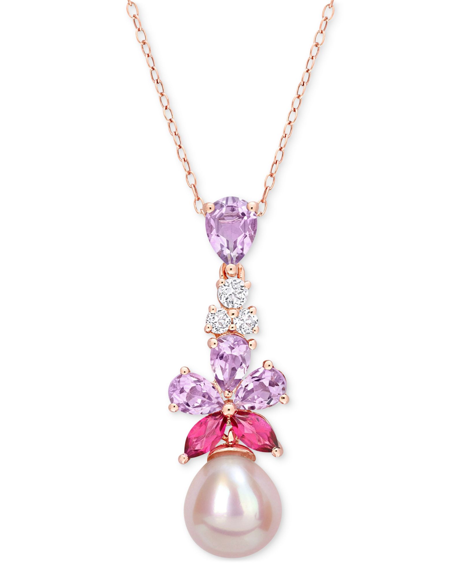 Pink Кулон-ожерелье с натуральным речным жемчугом (9-1/2mm) и многоцветными драгоценными камнями (2-3/8 ct. t.w.) 18" из розового золота с напылением на Sterling Silver