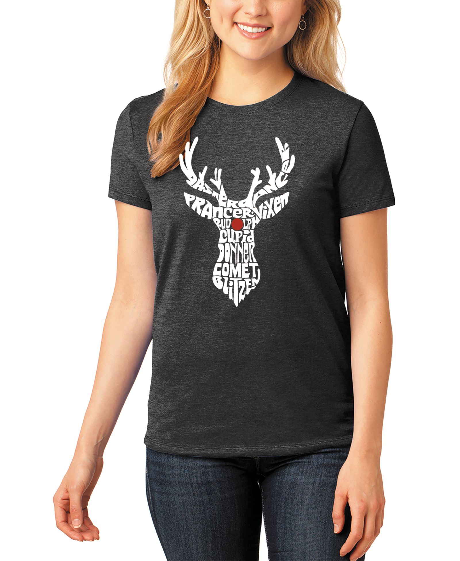 LA Pop Art Women's Premium Blend Santa's Reindeer Word Art T-shirt