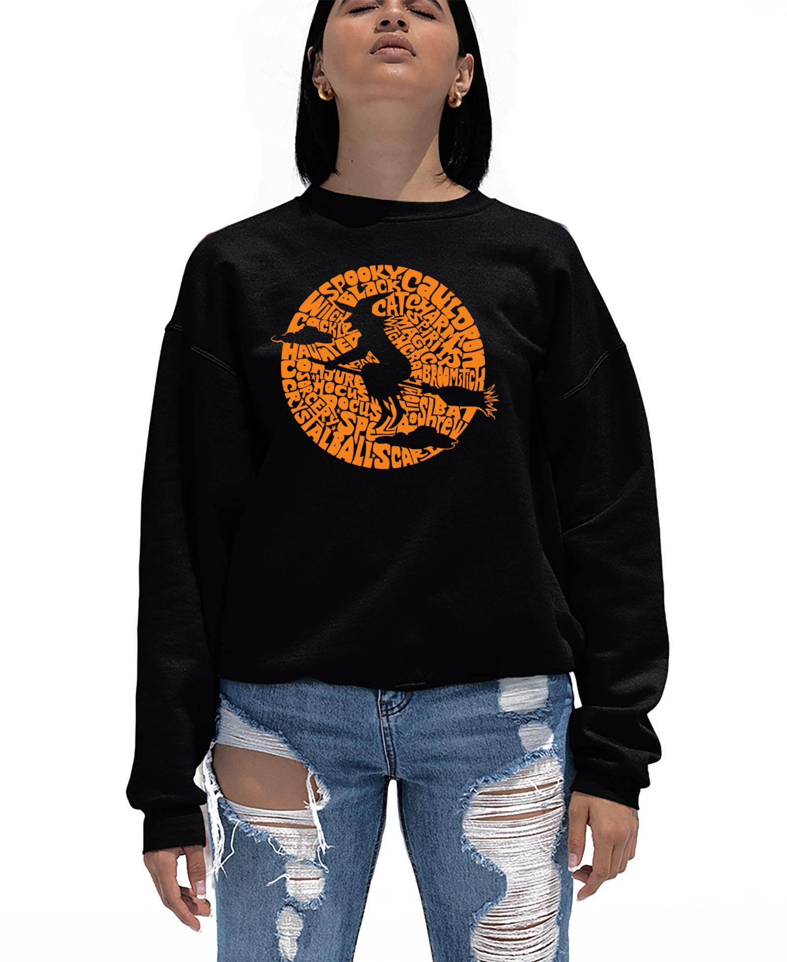 LA Pop Art Women's Spooky Witch Word Art Crew Neck Sweatshirt