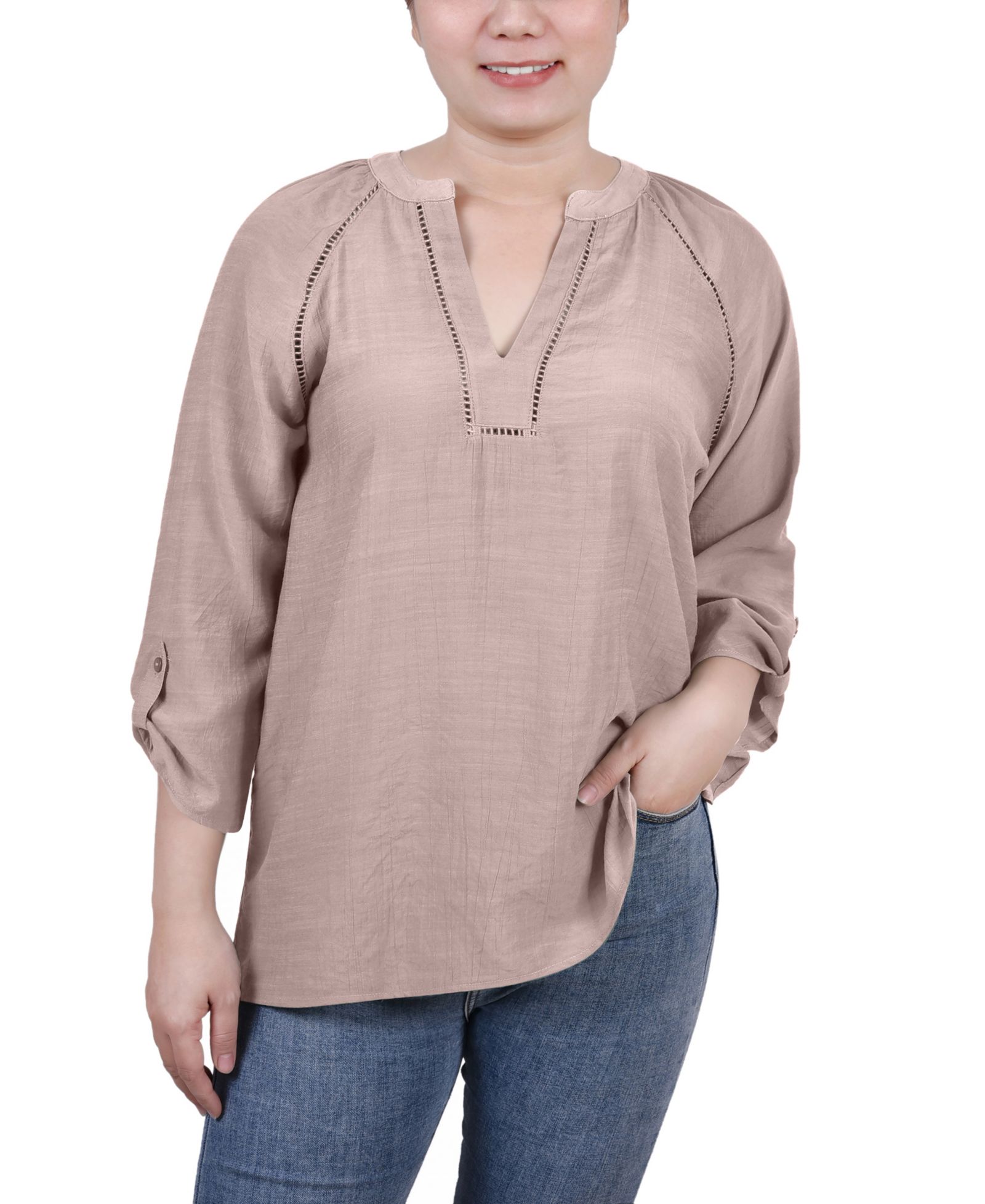 NY Collection Women's Raglan Sleeve Split Neck Blouse Top