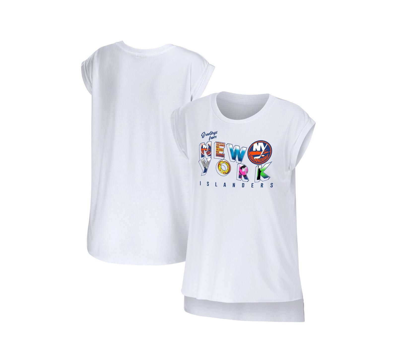 Women's WEAR by Erin Andrews White New York Islanders Greetings From Muscle T-shirt