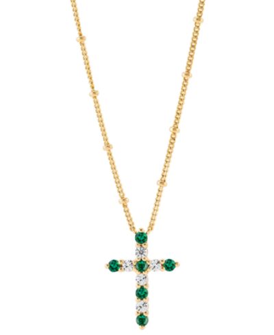Подвеска-крест с выращенным изумрудом (1/4 ct. t.w.) и белым сапфиром (1/3 ct. t.w.) в серебре с позолотой 14k, 16" + 2" удлинитель